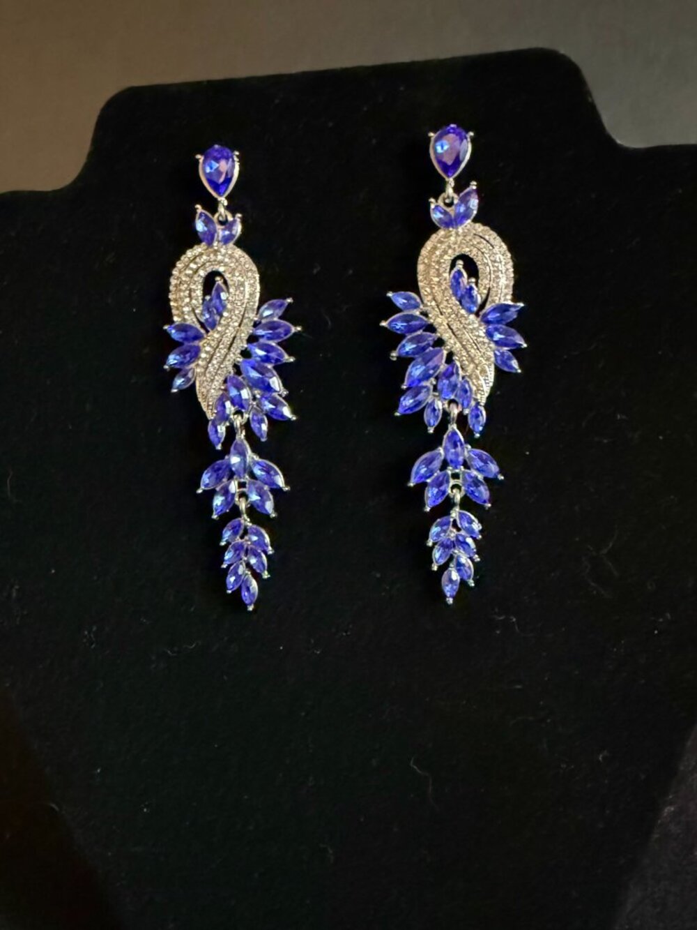 Silver-Toned Cascading Pierced Earrings w/Clear & Blue Rhinestones - Picture 2 of 3